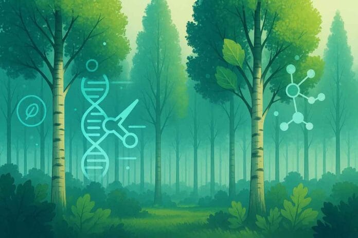 Edición genética en álamos la biotecnología que esquiva barreras y potencia la productividad forestal Ilustración digital de un bosque de álamos con elementos gráficos de ADN y moléculas, representando la edición genética y la biotecnología forestal aplicadas a la mejora de la productividad y sostenibilidad.