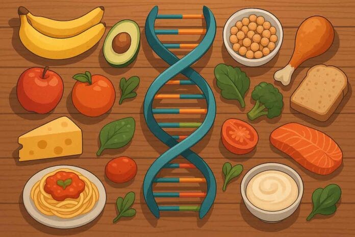 Un estudio plantea una nueva forma de cuidar la salud Ilustración de una doble hélice de ADN sobre una mesa con alimentos variados, representando la nutrigenética