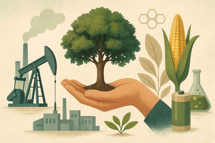 Ilustración de la bioeconomía como modelo de desarrollo para reemplazar los fósiles con recursos biológicos