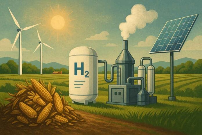 Ilustración conceptual de producción de biohidrógeno a partir de biomasa, energía solar y eólica en un entorno rural