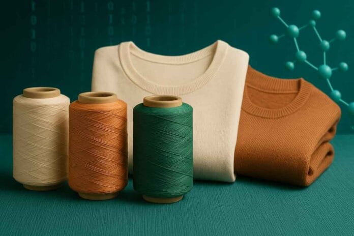 textiles-sostenibles-biotech-fibras-biodegradableS Spools de hilos y prendas que ilustran el desarrollo de textiles sostenibles con biotecnología e inteligencia artificial