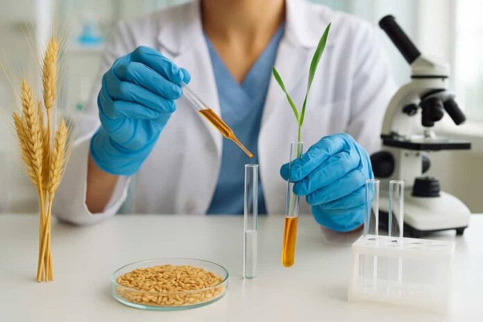 Investigador trabajando en síntesis de medicamentos a partir del trigo en laboratorio biotecnológico