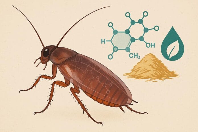 Ilustración de cucaracha con moléculas y residuos agrícolas, símbolo de innovación para el bicombustible del futuro