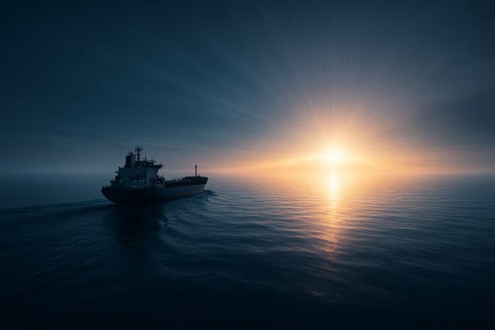 El espejismo del futuro perfecto Barco portacontenedores navegando hacia un horizonte difuso donde el mar refleja el cielo como un espejismo, evocando la ilusión de un futuro perfecto.