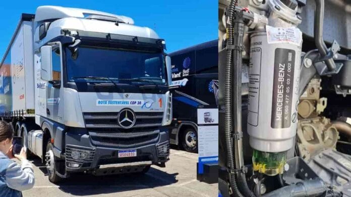 Mercedes-Benz lleva a la COP30 un biocombustible que reduce 65% las emisiones Camión Mercedes-Benz utilizando biocombustible BeVant rumbo a la COP30