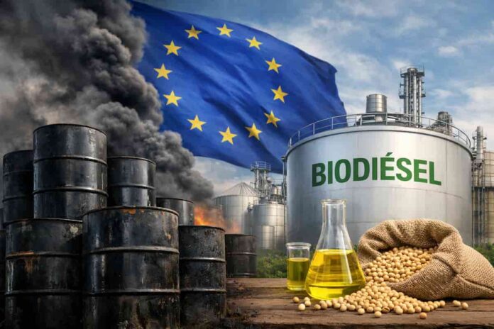 el disparate que deja sin mercado al biodiésel argentino Tanques de biodiésel de soja con bandera de la Unión Europea en fondo difuso