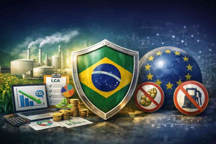Ilustración que contrasta el enfoque de Brasil y la Unión Europea en biocombustibles: métricas de carbono, evaluación de ciclo de vida y datos productivos frente a restricciones regulatorias basadas en modelos.