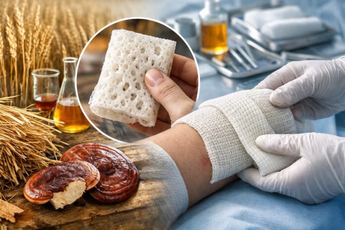 vendaje biomaterial de paja de trigo y hongo ganoderma lucidum