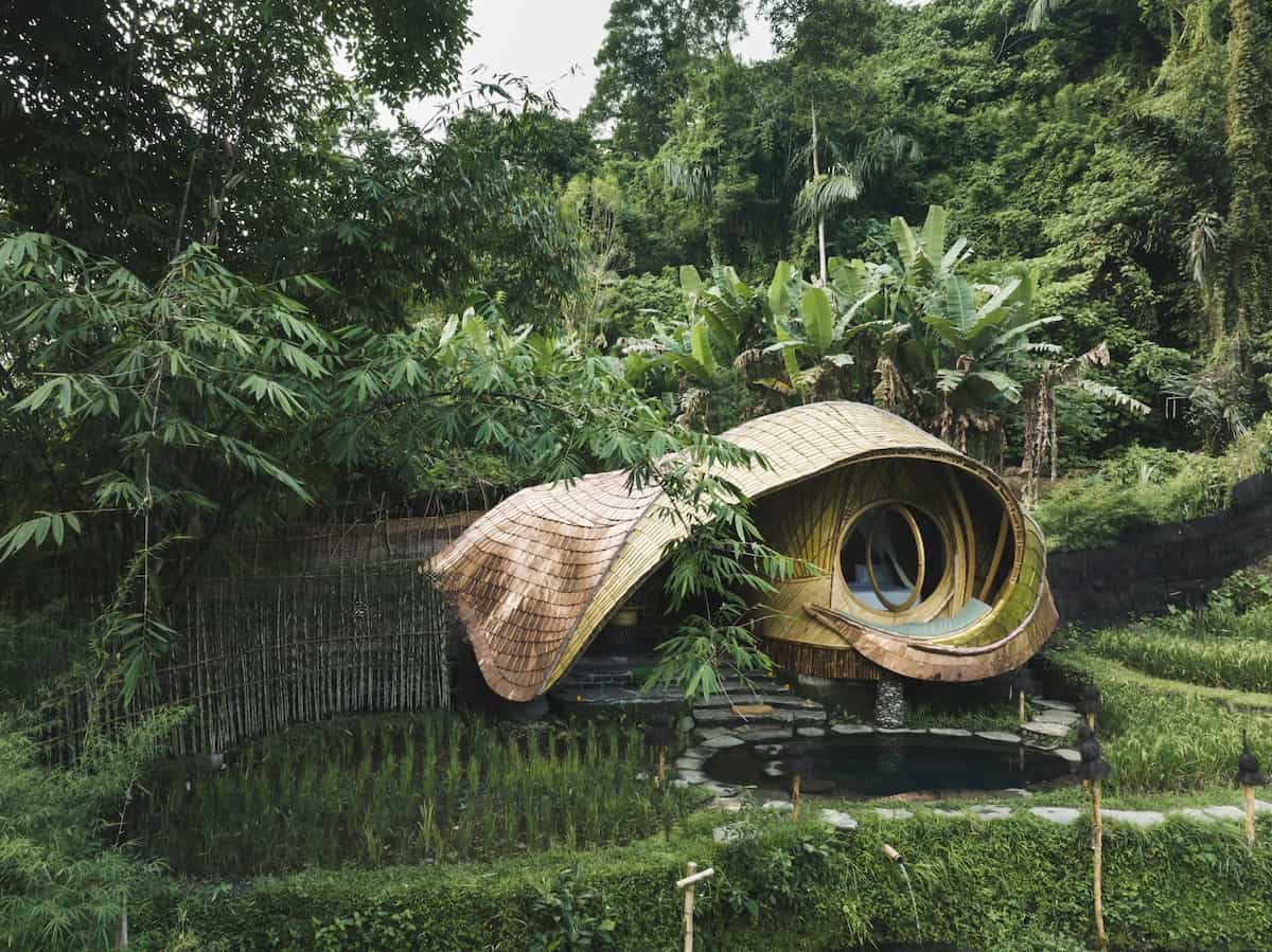 Estructura de arquitectura regenerativa con bambú en el complejo Bambu Indah, Bali.