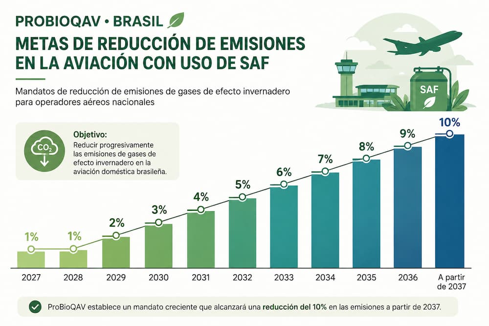 El decreto del ProBioQAV fija metas de reducción de emisiones para la aviación desde 2027, crea un sistema de certificación propio y habilita la comercialización separada del atributo ambiental del SAF.